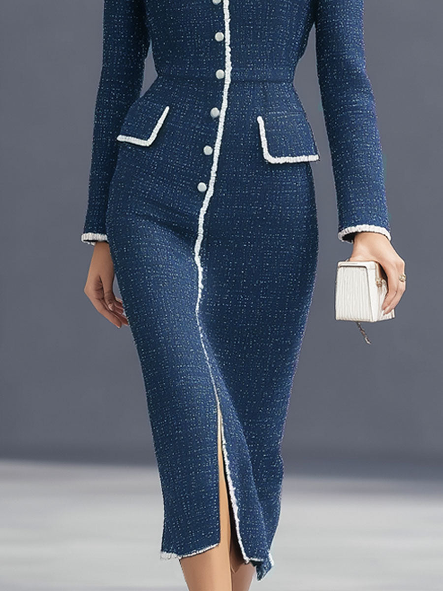 Elegant Textured Fabric Multi-pocket Round Neck Long-sleeved Midi Dress