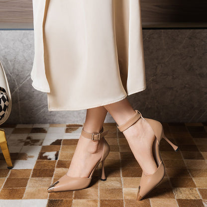 Beige Closed Toe 3'' Flared Heel Buckled Pumps