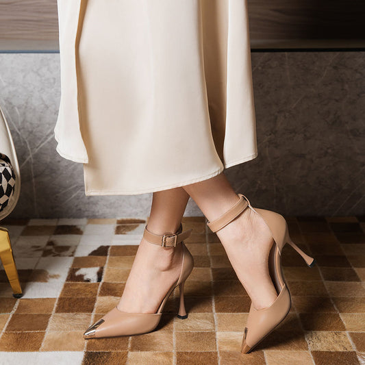 Beige Closed Toe 3'' Flared Heel Buckled Pumps