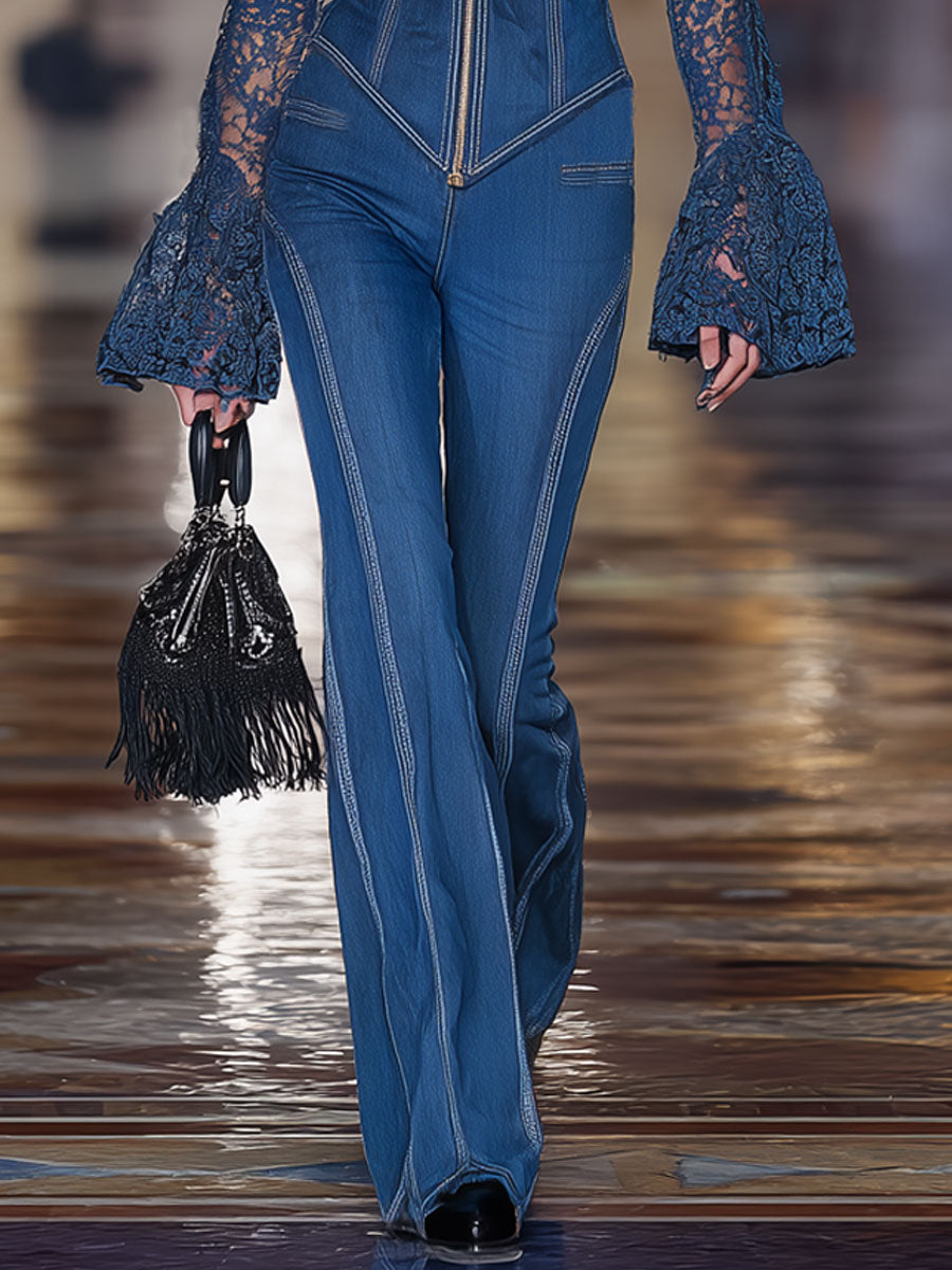 Fashion Retro Blue Denim Lace Long Sleeve Jacket Flared Pants Set