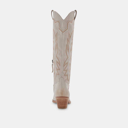 Beige Pointed Toe Chunky Heel Embroidered Knee High Cowgirl Boots