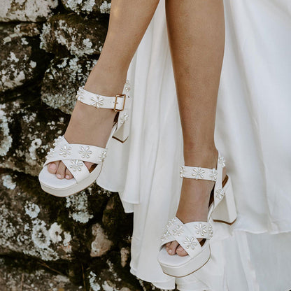 Elegant Ivory Pearl Flower Bridal Shoes Ankle Strap Platform Sandals