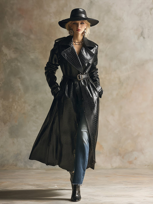 Elegant High-end Black Eco-friendly Crocodile Leather Belt Trench Coat