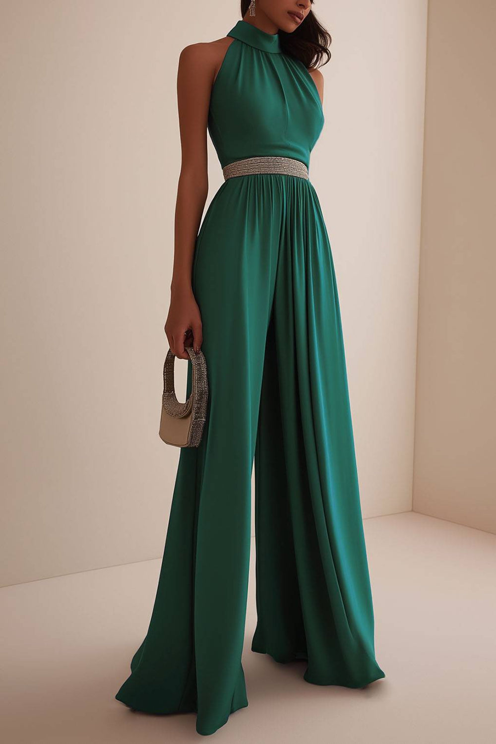 Emerald Green Party Work High-Neck Sleeveless Jumpsuit High-Neck Sleeveless Pants