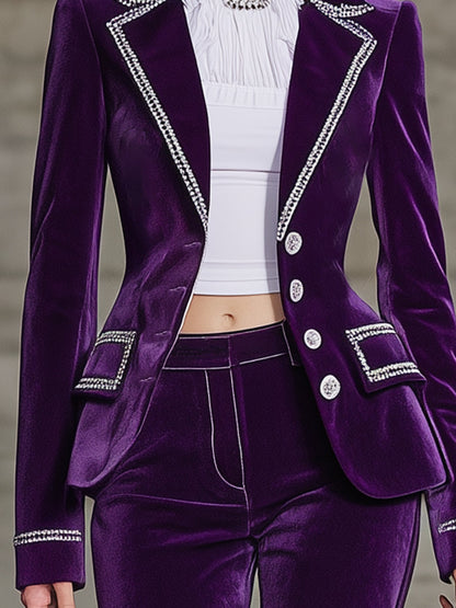 Elegant Purple Velvet Suit And Flared Pants Set