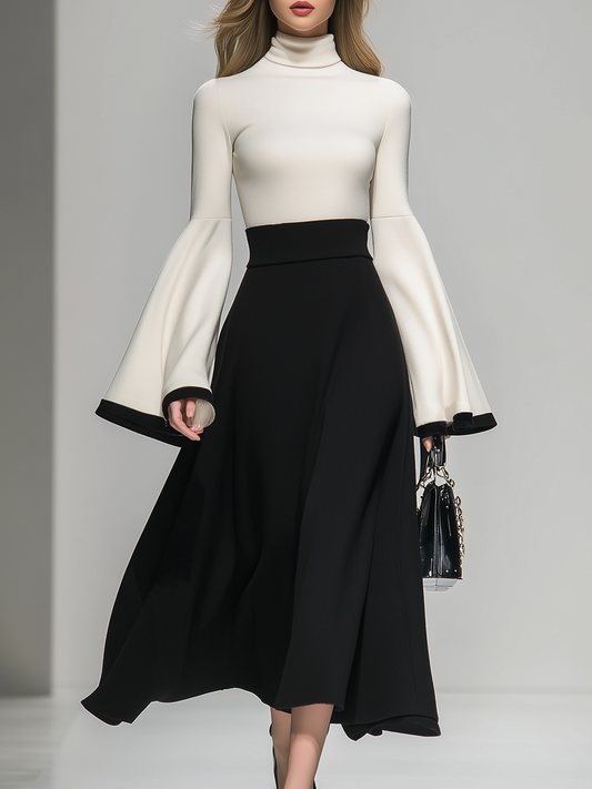 Elegant High-neck Contrast Color Maxi Dress