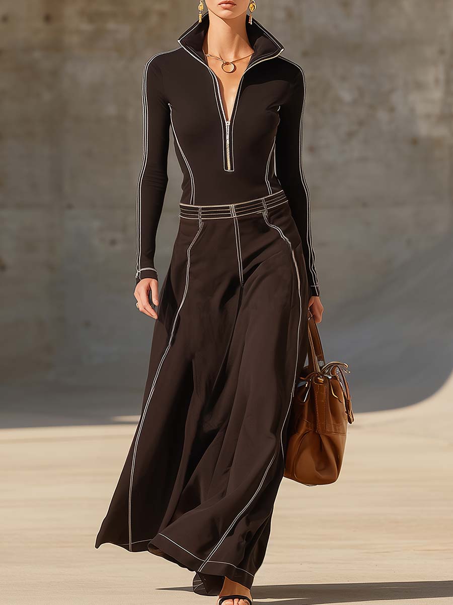 Exquisite Vintage Sports Lapel Front Zipper White Piping Dark Brown Stretch Cotton Maxi Dress