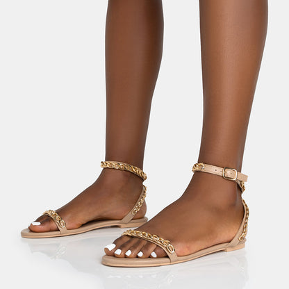 Beige Open Toe Flat Strappy Sandals with Chain