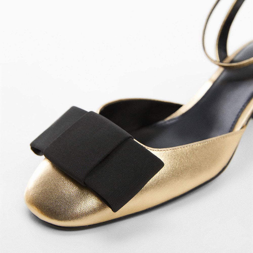 Gold & Black Vegan Leather  Round Toe Ankle Strappy Bow Sandals With Chunky Heels