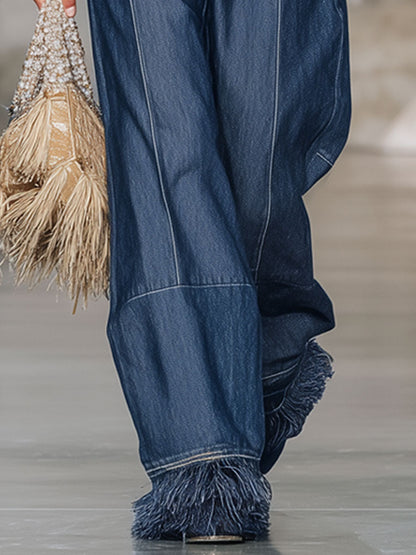 Fashion Retro Tassel Wide-Leg Dark Blue Jeans