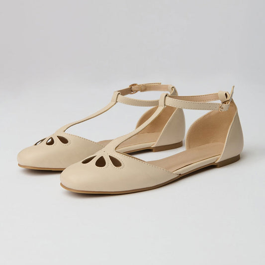 Faux Leather Round Toe Buckle T-Strap Beige Flat Shoes for Women
