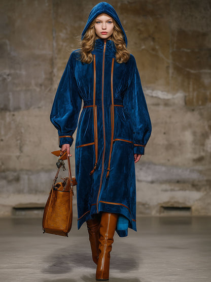 Fashion Retro Brown Trim Dark Blue Velvet Long-Sleeved Cape Midi Dress