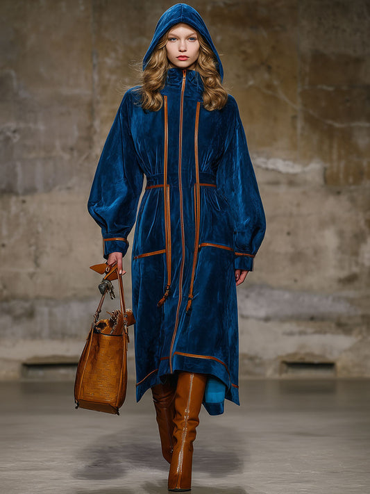 Fashion Retro Brown Trim Dark Blue Velvet Long-Sleeved Cape Midi Dress