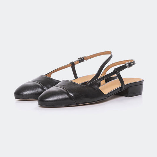Almond Toe Low Block Heel Buckle Strap Slingback Shoes in Black