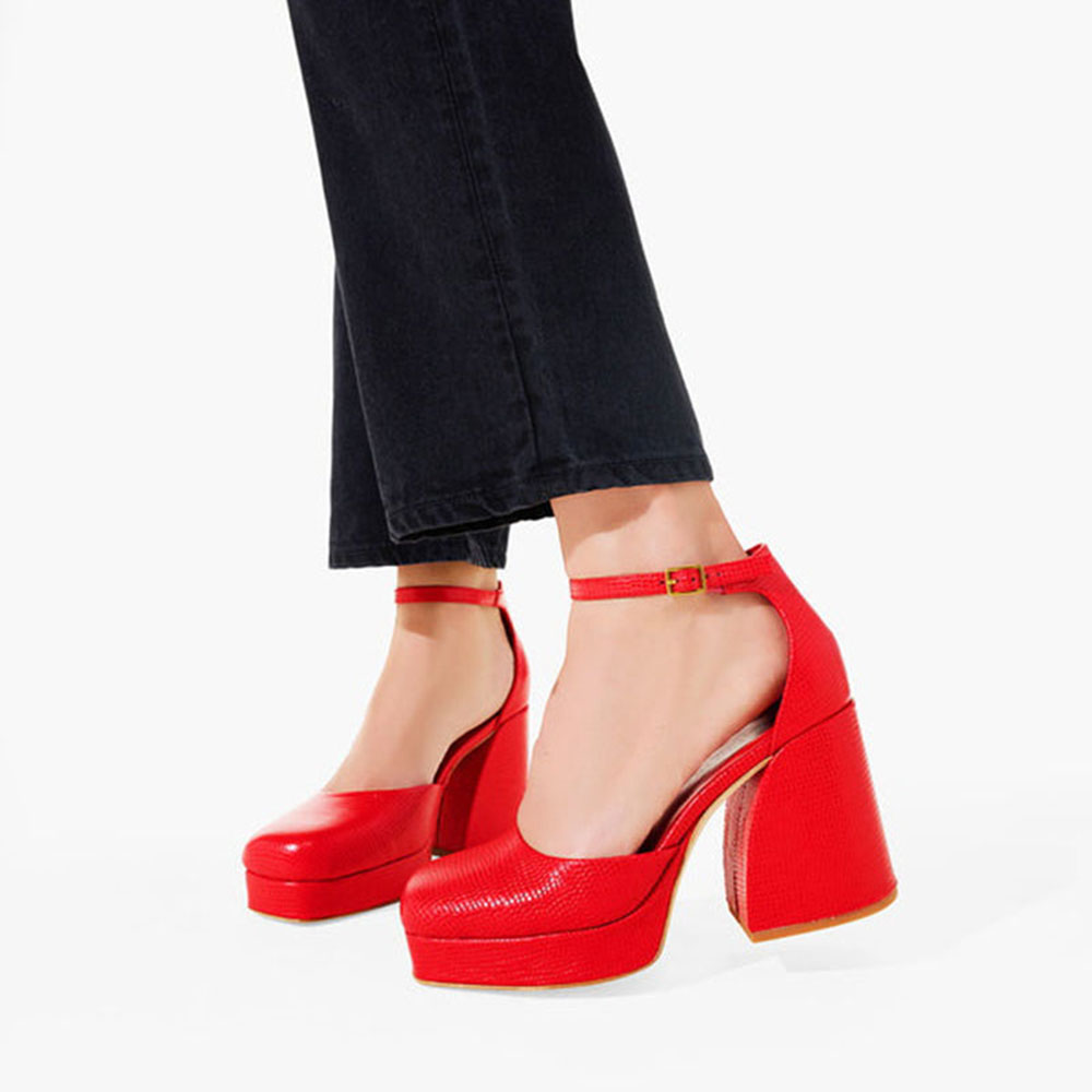 FSJ Red Square Toe Block Heel Platform Pumps for Women