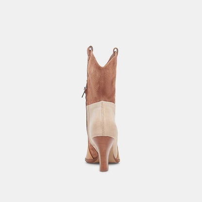 Beige Faux Suede Pointed Toe Chunky Heel Cowgirl Booties