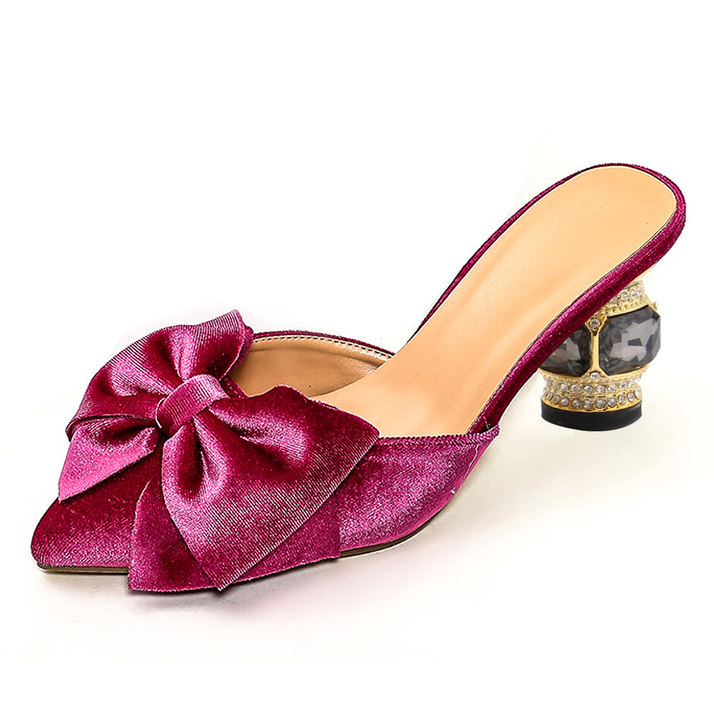 Fuchsia Velvet Pointed Toe Decorative Heel Mules Shoes with Bow