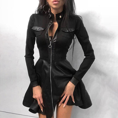 Fashion See-Through Lace Patchwork PU Leather Zipper Midi Dress