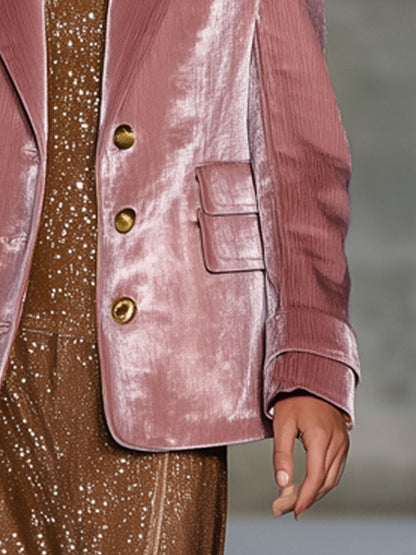 Fashion Retro Pink Velvet Ribbed Blazer
