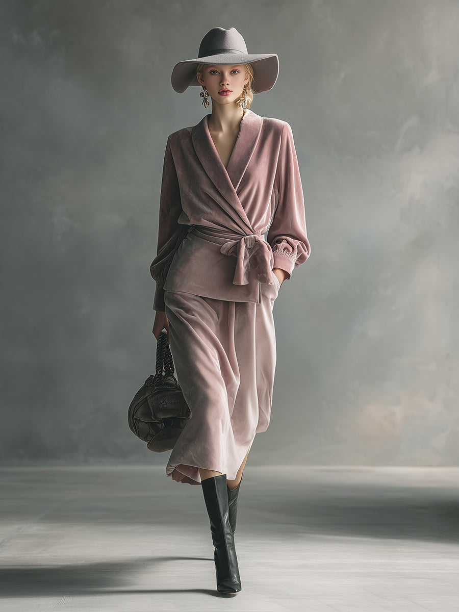 Elegant And Exquisite Light Pink Wrap Shirt And Skirt Velvet Set