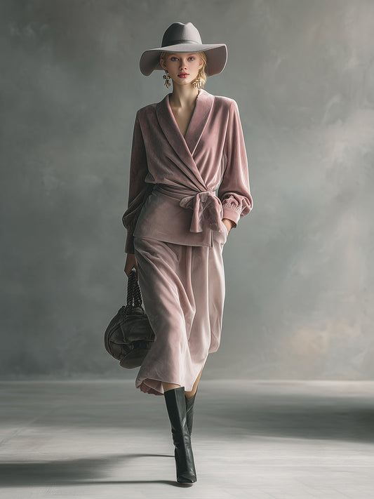 Elegant And Exquisite Light Pink Wrap Shirt And Skirt Velvet Set