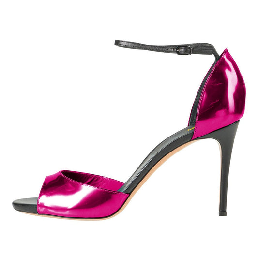 Fuchsia Metallic Ankle Strap Open Round Toe Stiletto Heeled Sandals