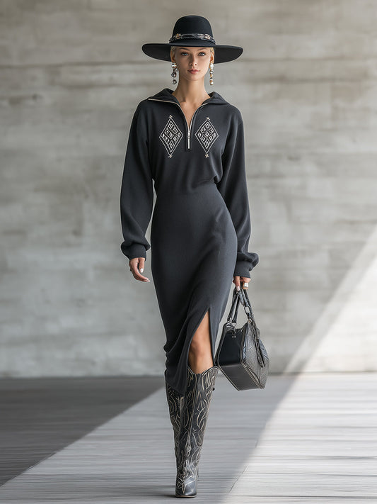 Fashionable Sports Lapel Half-zip Embroidered Gray Sweatshirt Long-sleeved Midi Dress