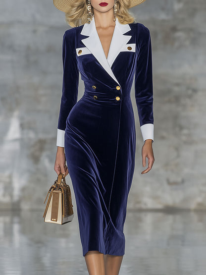 Elegant Retro Exquisite Contrast Lapel Double-Breasted Blue Velvet Midi Dress