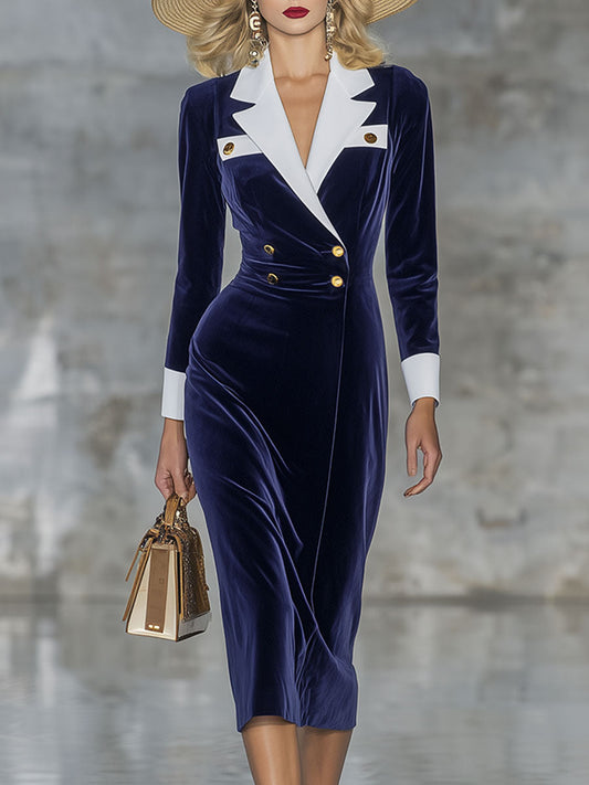 Elegant Retro Exquisite Contrast Lapel Double-Breasted Blue Velvet Midi Dress