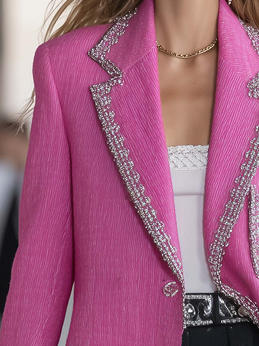 Fashionable And Eye-catching Bright Pink Hemmed Chenille Loose-fitting Blazer