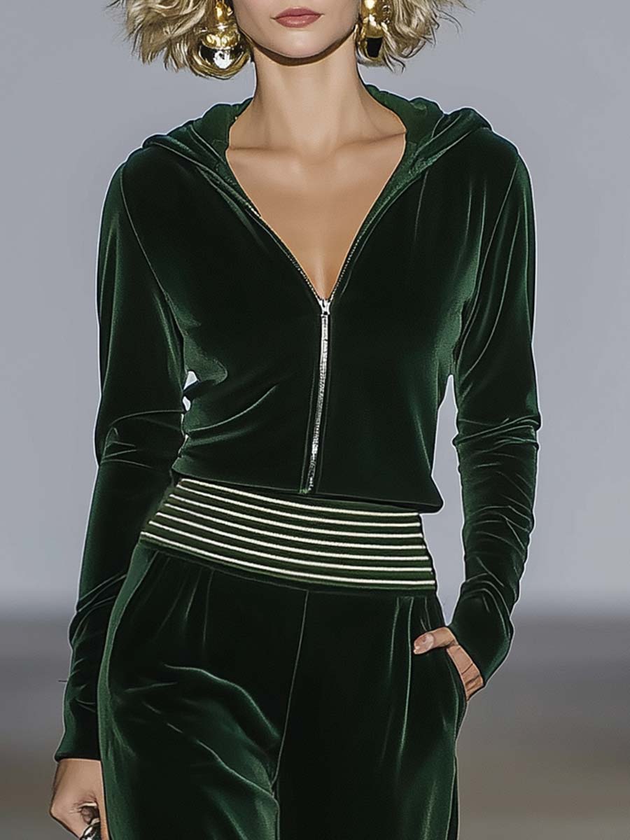 Elegant Retro Sporty Dark Green Velvet Hooded Front Zip Top And Pants Set