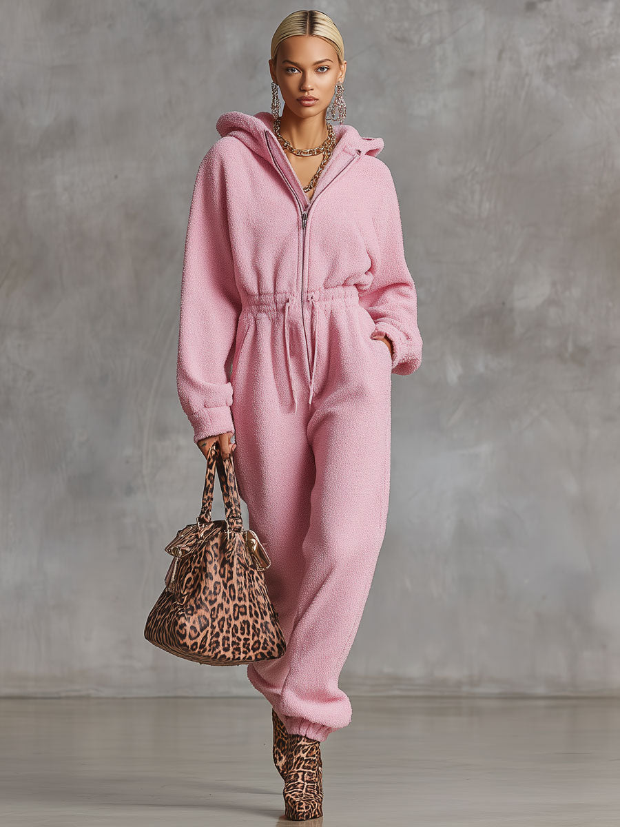Fashion Retro Pink Polar Fleece Elastic Waist Hooded Jumpsuit