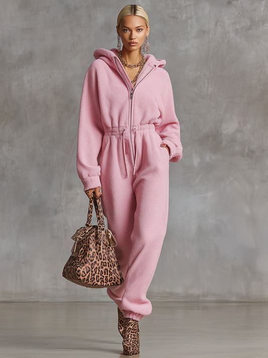 Fashion Retro Pink Polar Fleece Elastic Waist Hooded Jumpsuit