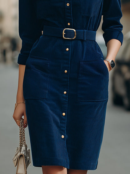 Elegant Navy Corduroy Belted Shirt Dress