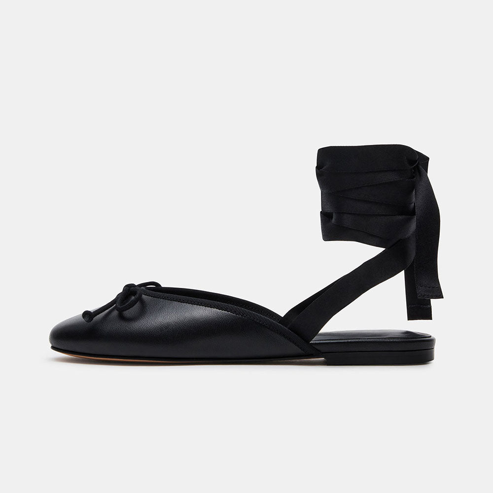Elegant Black Round Toe Bow Wrap Strappy Flat Shoes for Women