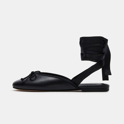 Elegant Black Round Toe Bow Wrap Strappy Flat Shoes for Women