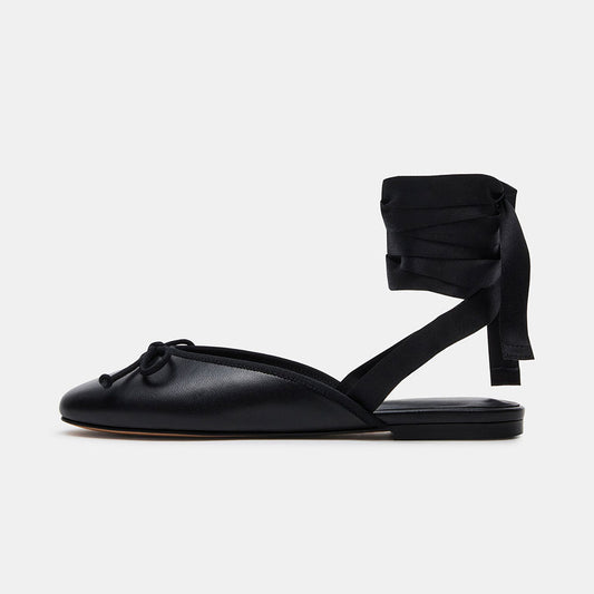 Elegant Black Round Toe Bow Wrap Strappy Flat Shoes for Women