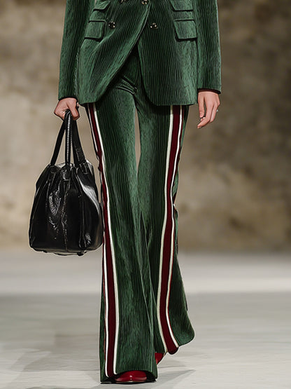 Fashion Retro Dark Green Corduroy Blazer Webbing Flared Pants Suit