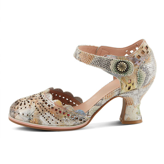 Beige Floral Print Round Toe Spool Heel Hollow-Out Pumps for Women