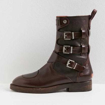 Distressed Round-Toe Buckle Biker Inspired Mid-Calf Boots in Brown