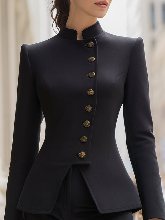Elegant High-Collar Black Blazer With Gold Statement Buttons