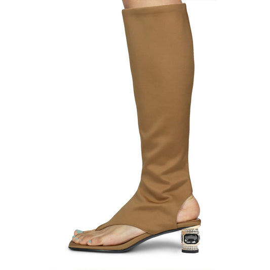 Beige Open Toe Decorative Heel Knee High Sandal Boots
