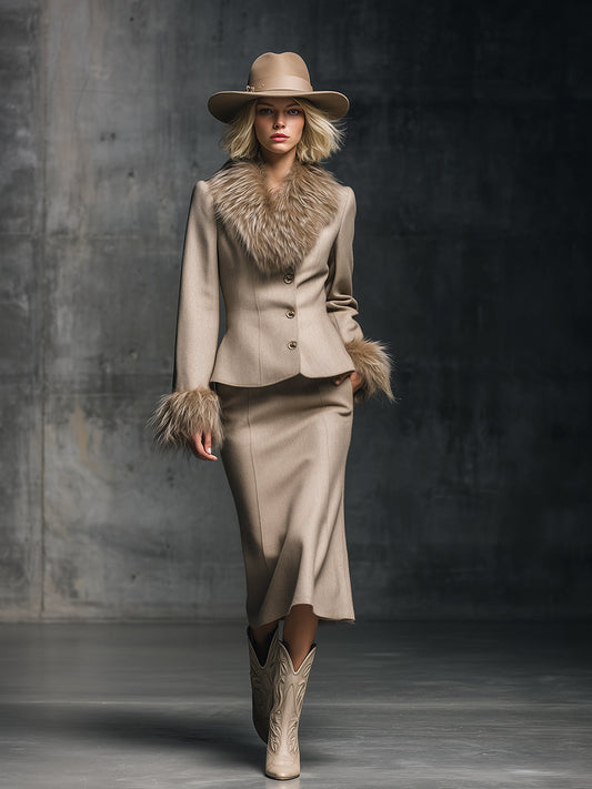 Fashionable And Elegant Fur Collar Light Khaki Woolen Jacket And Skirt Set