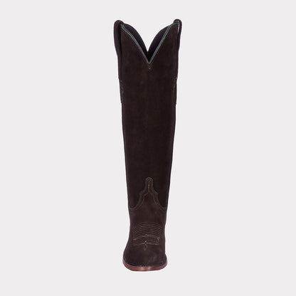 Dark Olive Closed Toe Knee-High Block Heeled Embroidered Cowgirl Boots