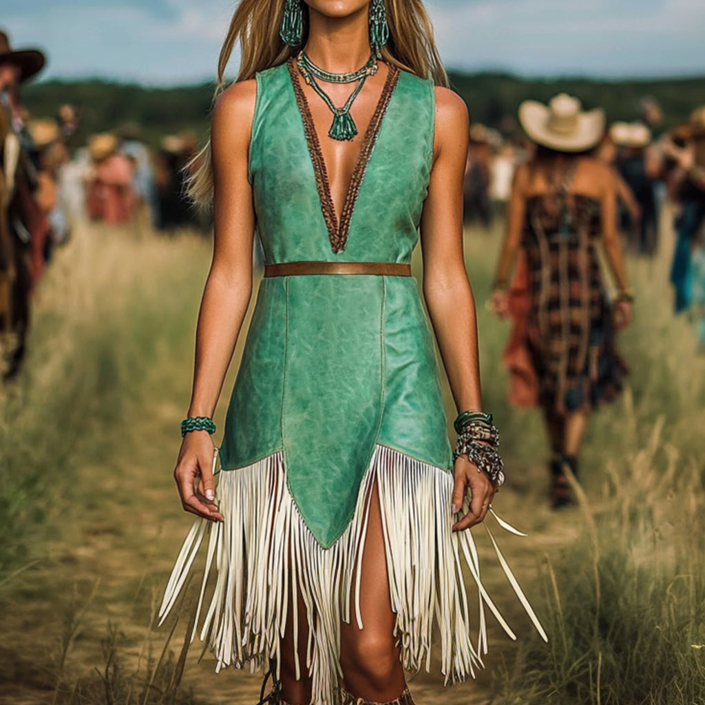 Ursime Western Patterned Deep V Neck Sleeveless Fringe Midi Dress