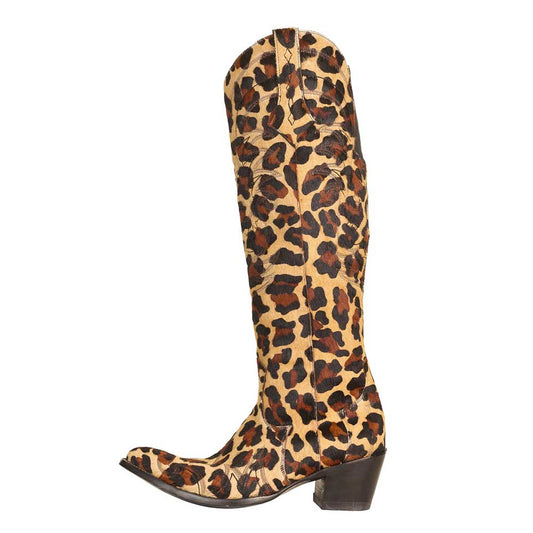 Embroidered Calf Hair Cheetah Pattern Brown Western Boots for Women
