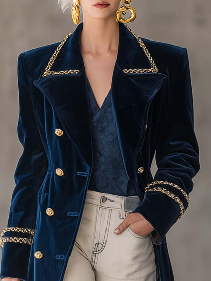 Exquisite Retro Western Gold Trim Large Lapel Metal Front Button Dark Blue Wide Shoulder Velvet Coat