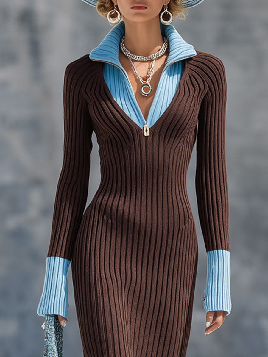 Fashion Retro Fake Two-Piece Blue Lapel Cocoa Brown Knitted Midi Dress
