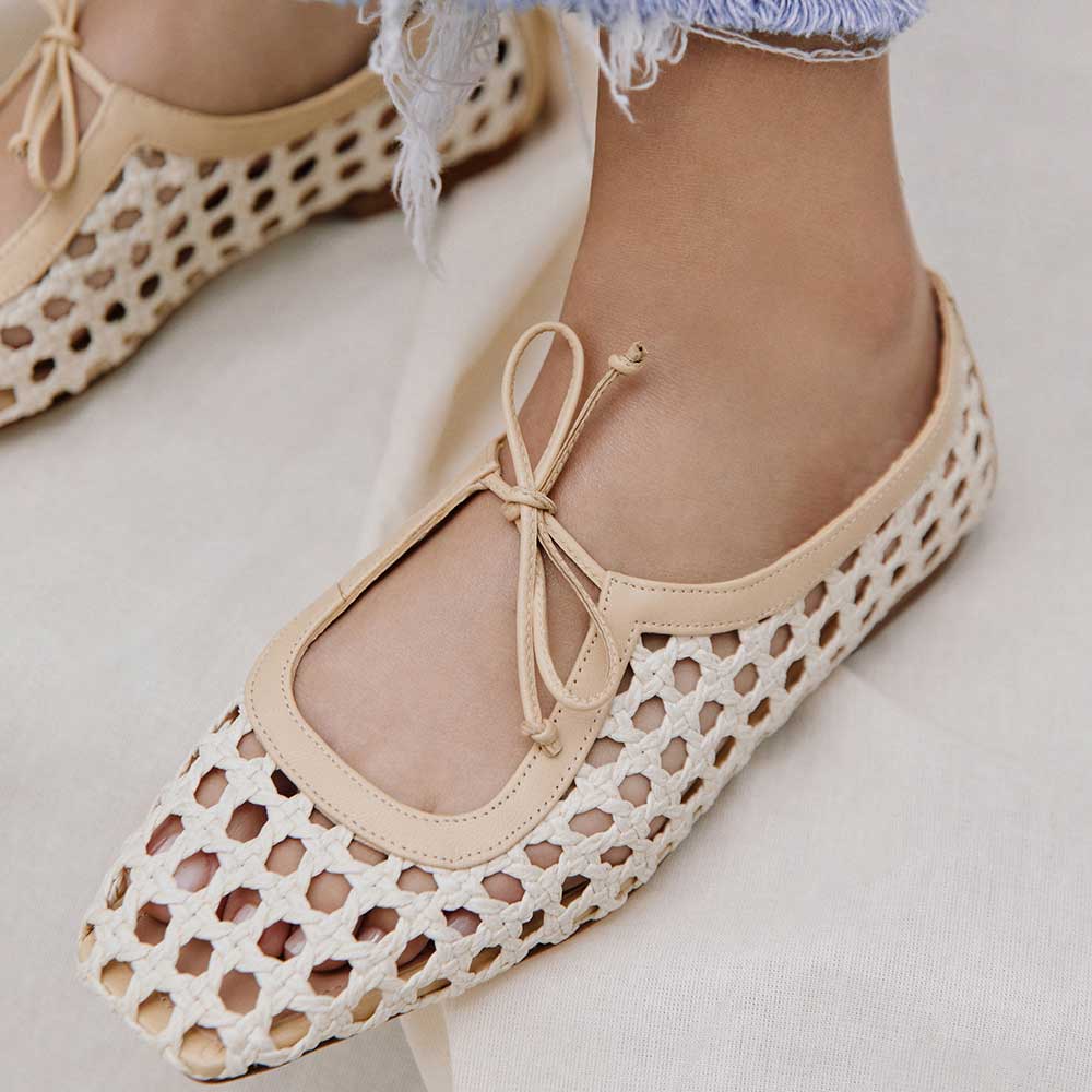 Elegant Beige Raffia Square Toe Slip-On Ballet Flats with Strappy