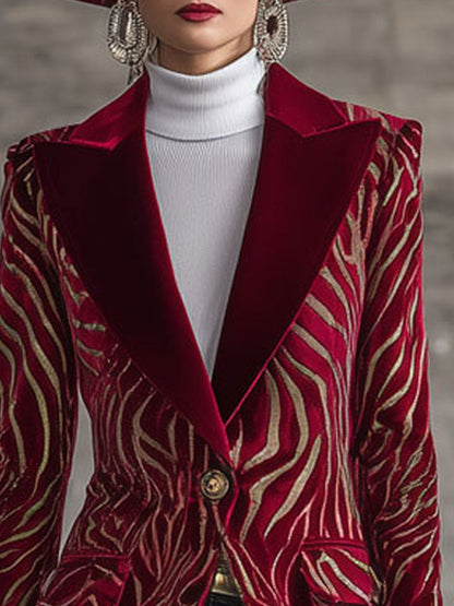 Fashion Retro Gold Zebra Pattern Red Velvet Blazer